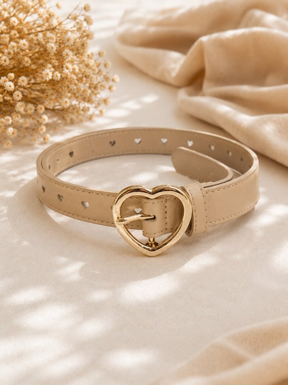 Beige Belt Heart Cutouts Gold Buckle Size 31 Inches